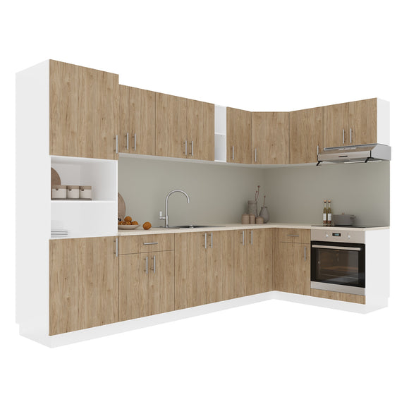 Set Bucatarie Colt Karo V35, Lemn Natural/Alb, Blat Thermo 28 mm, L 320 x 160 cm