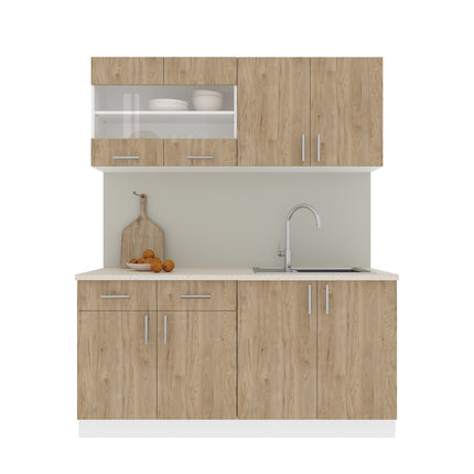 Set Bucatarie Karo V8, Lemn Natural/Alb, Blat Thermo 28 mm, L 160 cm