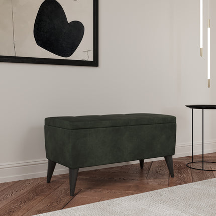 Bancheta Tapitata Mera, cu spatiu depozitare, Verde Inchis, Stofa, 80 x 37 x 42 cm