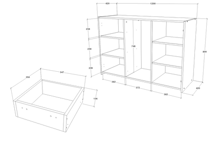 Comoda Malmo, 3 Sertare, 2 Usi, Stejar Alb/Antracit, 120 x 42 x 80 cm