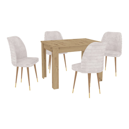 Set Masa Zeta, Stejar Artisan, 4 Scaune, Crem/Gold, 102 x 69 x 75 cm