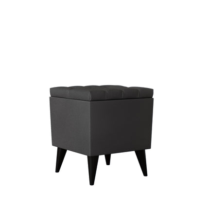 Taburet Tapitat Troia, cu spatiu depozitare, Negru, tapiterie mixta cu piele naturala, 40 x 40 x 46 cm