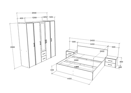 Set dormitor Malmo V10, Pat 200 x 140 cm, Stejar Alb/Antracit