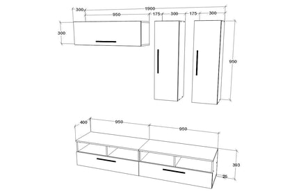 Living Kos V10, Negru/Alb Lucios, MDF, L 190 cm