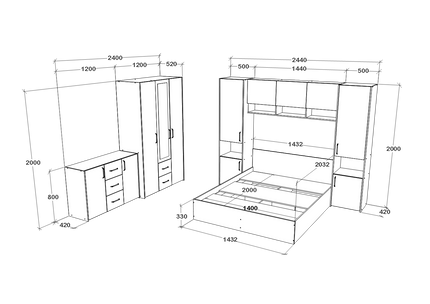 Set dormitor Malmo V12, Pat 200 x 140 cm, Stejar Alb/Antracit