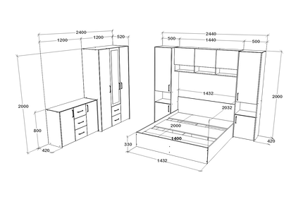 Set dormitor Malmo V12, Pat 200 x 140 cm, Stejar Artisan/Argila