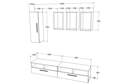 Living Kos V12, Negru/Alb Lucios, MDF, L 190 cm