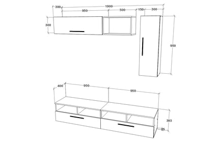 Living Kos V13, Negru/Alb Lucios, MDF, L 190 cm