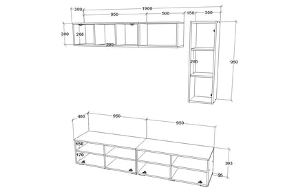 Living Kos V13, Negru/Alb Lucios, MDF, L 190 cm