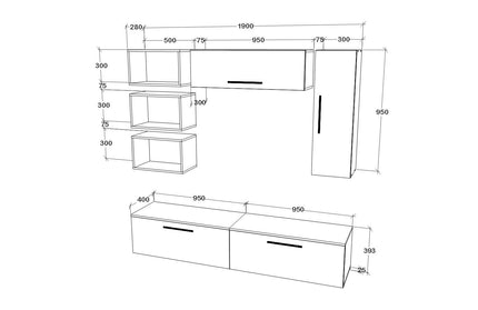 Living Kos V14, Negru/Alb Lucios, MDF, L 190 cm