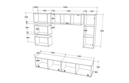 Living Kos V14, Negru/Alb Lucios, MDF, L 190 cm