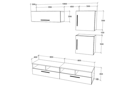 Living Kos V15, Negru/Alb Lucios, MDF, L 190 cm