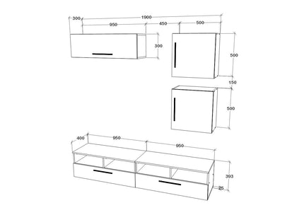 Living Kos V15, Negru/Alb Lucios, MDF, L 190 cm