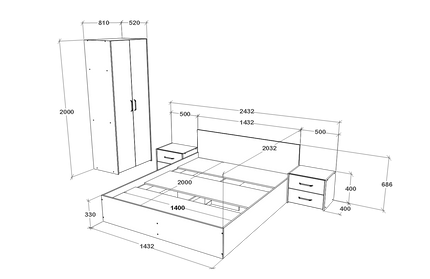 Set dormitor Malmo V16, Pat 200 x 140 cm, Stejar Alb/Antracit