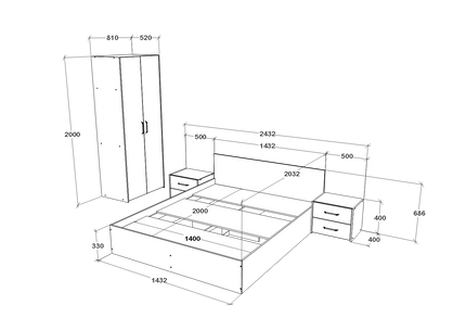 Set dormitor Malmo V16, Pat 200 x 140 cm, Stejar Artisan/Argila