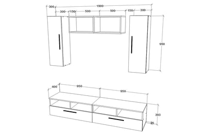 Living Kos V16, Negru/Alb Lucios, MDF, L 190 cm