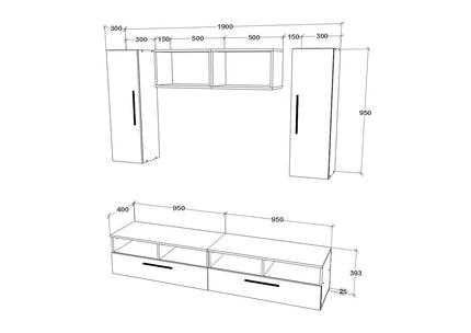 Living Kos V16, Negru/Alb Lucios, MDF, L 190 cm