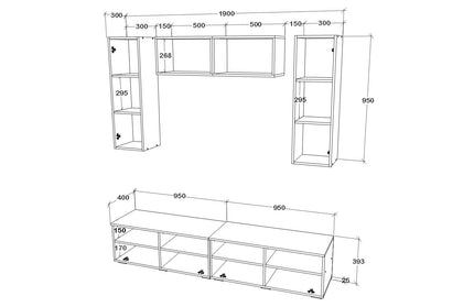 Living Kos V16, Negru/Alb Lucios, MDF, L 190 cm