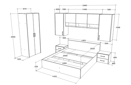 Set dormitor Malmo V17, Pat 200 x 140 cm, Stejar Alb/Antracit