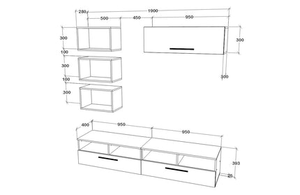 Living Kos V17, Negru/Alb Lucios, MDF, L 190 cm