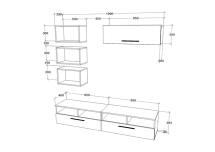Living Kos V17, Negru/Alb Lucios, MDF, L 190 cm