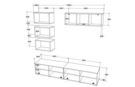 Living Kos V17, Negru/Alb Lucios, MDF, L 190 cm