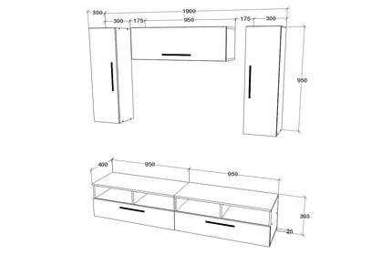 Living Kos V18, Negru/Alb Lucios, MDF, L 190 cm