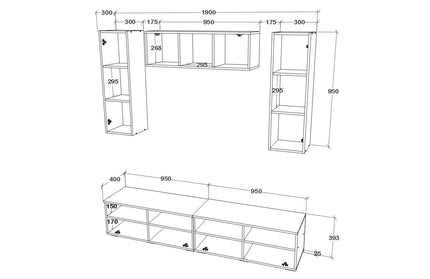 Living Kos V18, Negru/Alb Lucios, MDF, L 190 cm