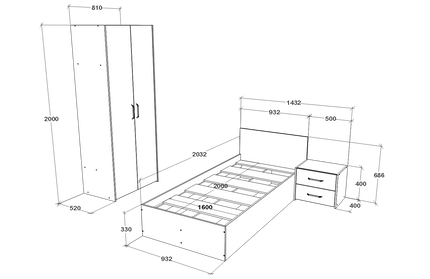 Set dormitor Malmo V18, Pat 200 x 90 cm, Stejar Alb/Antracit