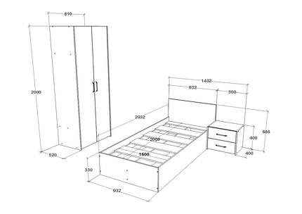 Set dormitor Malmo V18, Pat 200 x 90 cm, Stejar Alb/Antracit