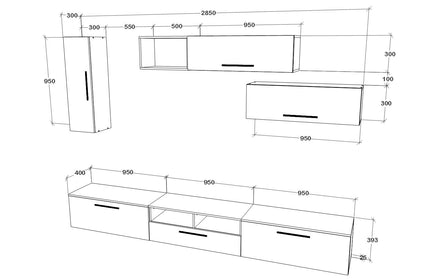 Living Kos V19, Negru/Alb Lucios, MDF, L 285 cm