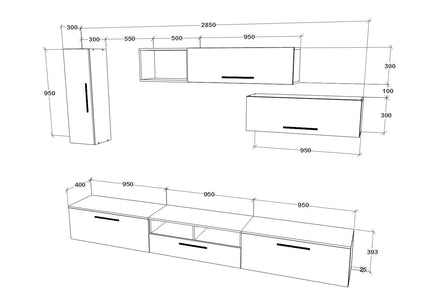 Living Kos V19, Negru/Alb Lucios, MDF, L 285 cm