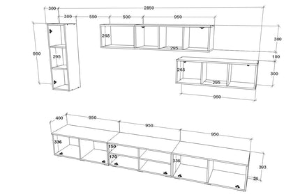 Living Kos V19, Negru/Alb Lucios, MDF, L 285 cm