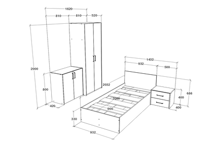 Set dormitor Malmo V19, Pat 200 x 90 cm, Stejar Alb/Antracit