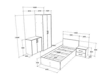 Set dormitor Malmo V19, Pat 200 x 90 cm, Stejar Alb/Antracit