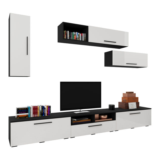 Living Kos V19, Negru/Alb Lucios, MDF, L 285 cm