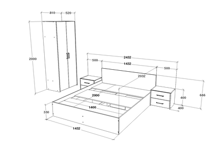 Set dormitor Malmo V1, Pat 200 x 140 cm, Stejar Alb/Antracit