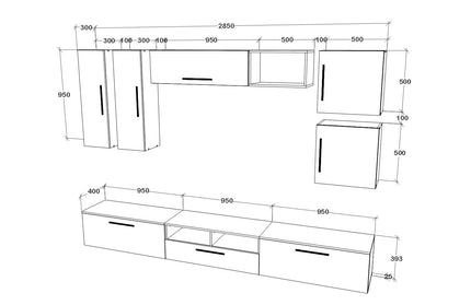 Living Kos V1, Negru/Alb Lucios, MDF, L 285 cm