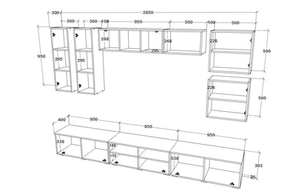 Living Kos V1, Negru/Alb Lucios, MDF, L 285 cm