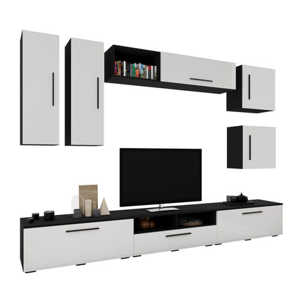 Living Kos V1, Negru/Alb Lucios, MDF, L 285 cm