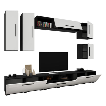 Living Kos V1, Negru/Alb Lucios, MDF, L 285 cm