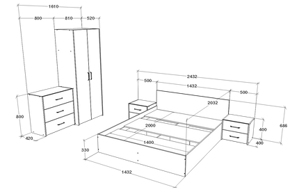 Set dormitor Malmo V2, Pat 200 x 140 cm, Stejar Alb/Antracit