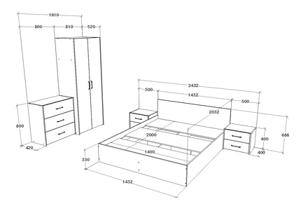 Set dormitor Malmo V2, Pat 200 x 140 cm, Stejar Artisan/Argila