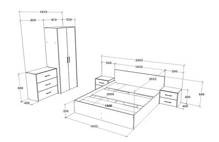 Set dormitor Malmo V2, Pat 200 x 160 cm, Stejar Alb/Antracit