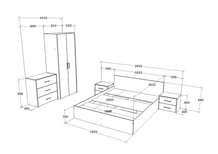 Set dormitor Malmo V2, Pat 200 x 160 cm, Stejar Alb/Antracit