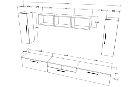 Living Kos V2, Negru/Alb Lucios, MDF, L 285 cm