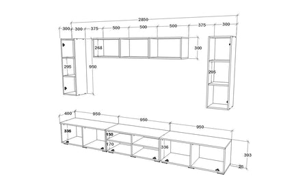 Living Kos V2, Negru/Alb Lucios, MDF, L 285 cm