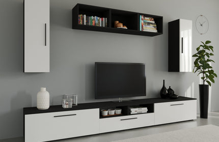 Living Kos V2, Negru/Alb Lucios, MDF, L 285 cm