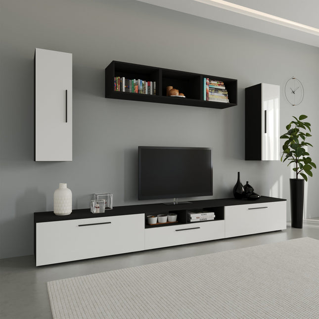 Living Kos V2, Negru/Alb Lucios, MDF, L 285 cm