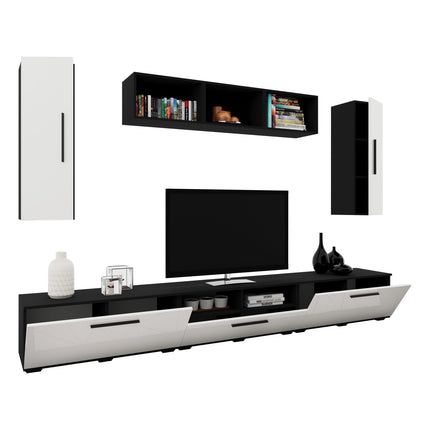 Living Kos V2, Negru/Alb Lucios, MDF, L 285 cm